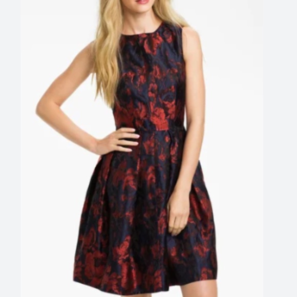 Taylor Blue Red Romantic Goth Floral Jacquard Whimsigoth Fit & Flare Dress Sz. 6 - Picture 1 of 8